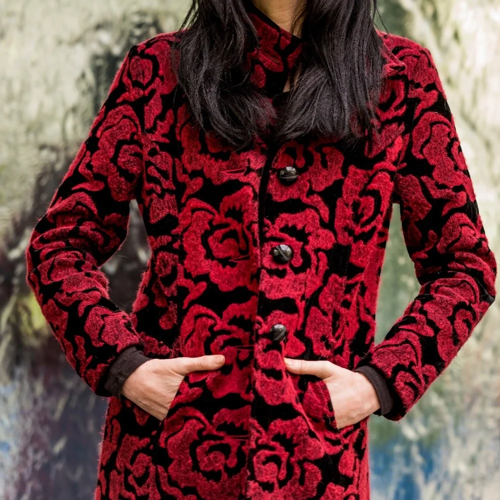VENARIO Romantic Red Roses Vintage-Style Coat. CUPID Adorable Sz S
